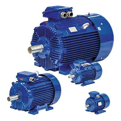 三種不同尺寸的藍色雙速電動機