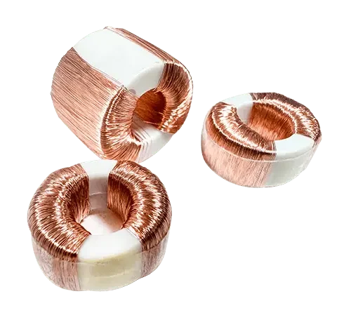 Copper coils for an automatic inductor winding machine showcasing intricate wire wraps essential