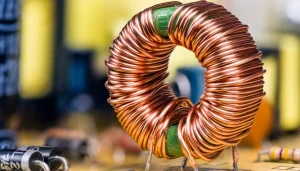 Una bobina de alambre de cobre reposa sobre una mesa rodeada de varios componentes electrónicos que resaltan aspectos clave de los transformadores de alta frecuencia.