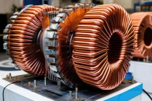 工廠內銅線線圈的特寫視圖，展示了銅線規格如何透過影響電阻和效率來影響環形變壓器中的 I²R 銅損