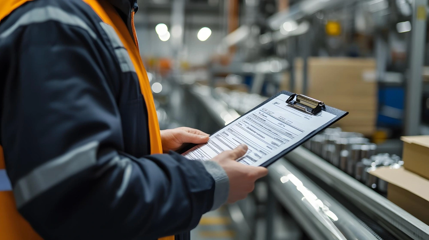 A factory worker holds a clipboard diligently overseeing operations and ensuring quality control in the manufacturing process