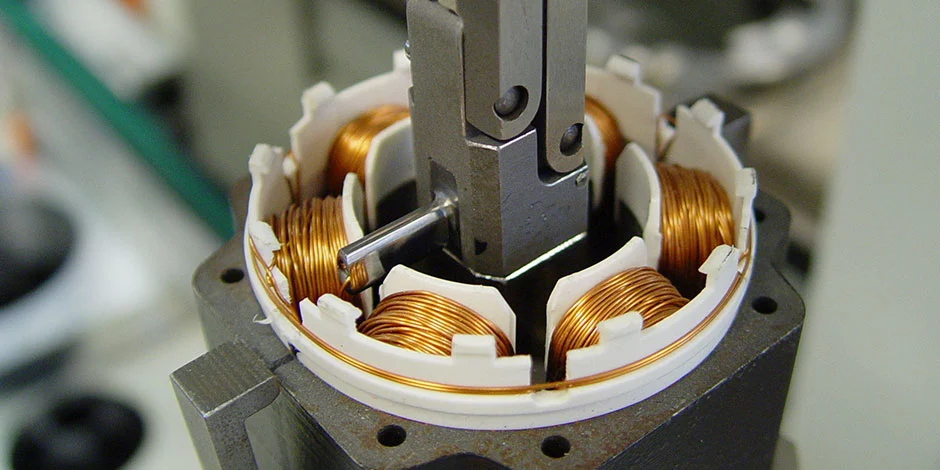 Close up of motor windings with copper coils in assembly