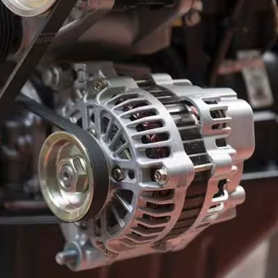 Car alternator with visible pulley and housing