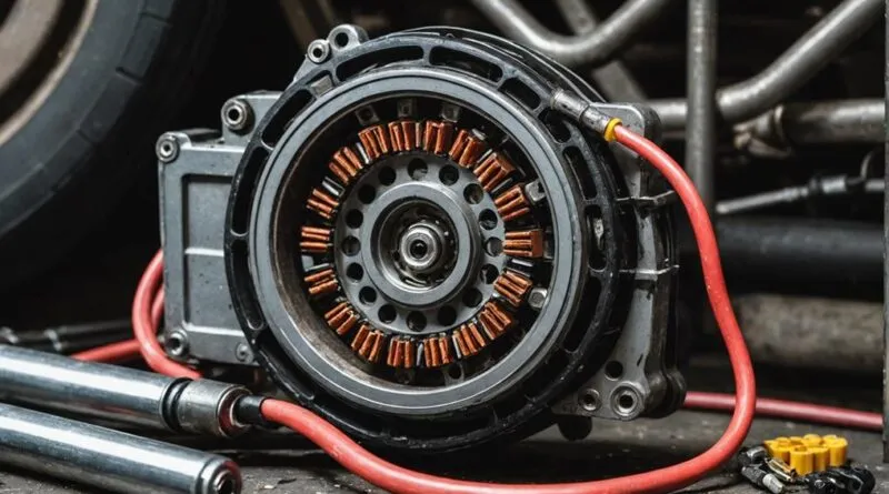 Electric motor stator with red cables and copper windings