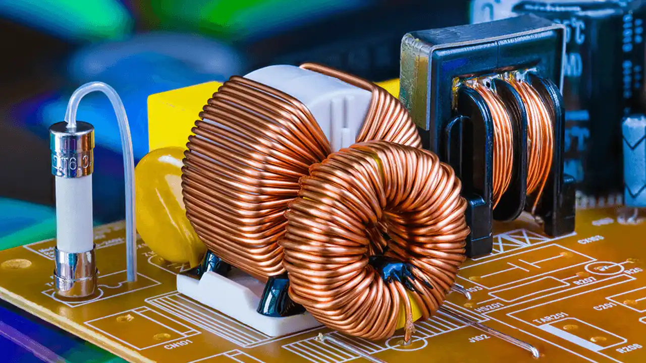 Close up of precision coil winding on circuit board